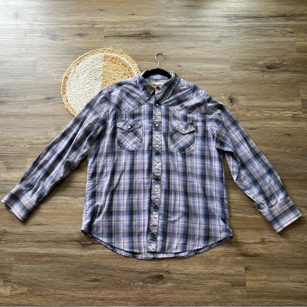 WRANGLER Mens Western Pearl Snap Purple Plaid Long Sleeve Shirt